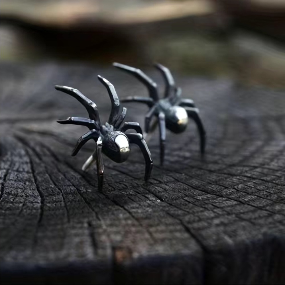 Spider Stud Earrings Gray Metallic Halloween Punk Goth